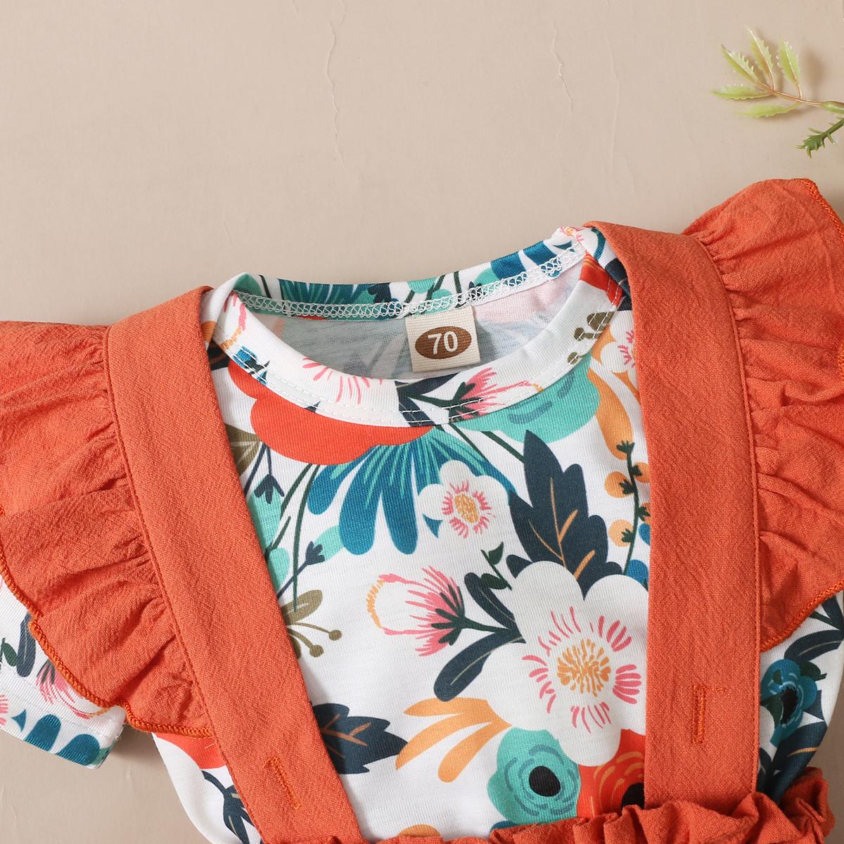 Kids fashion Girls Clothes Flower Print Short Sleeve  Bodysuits Bow Straps Suspender Skirts 2Pcs Outfits Orange 22104306