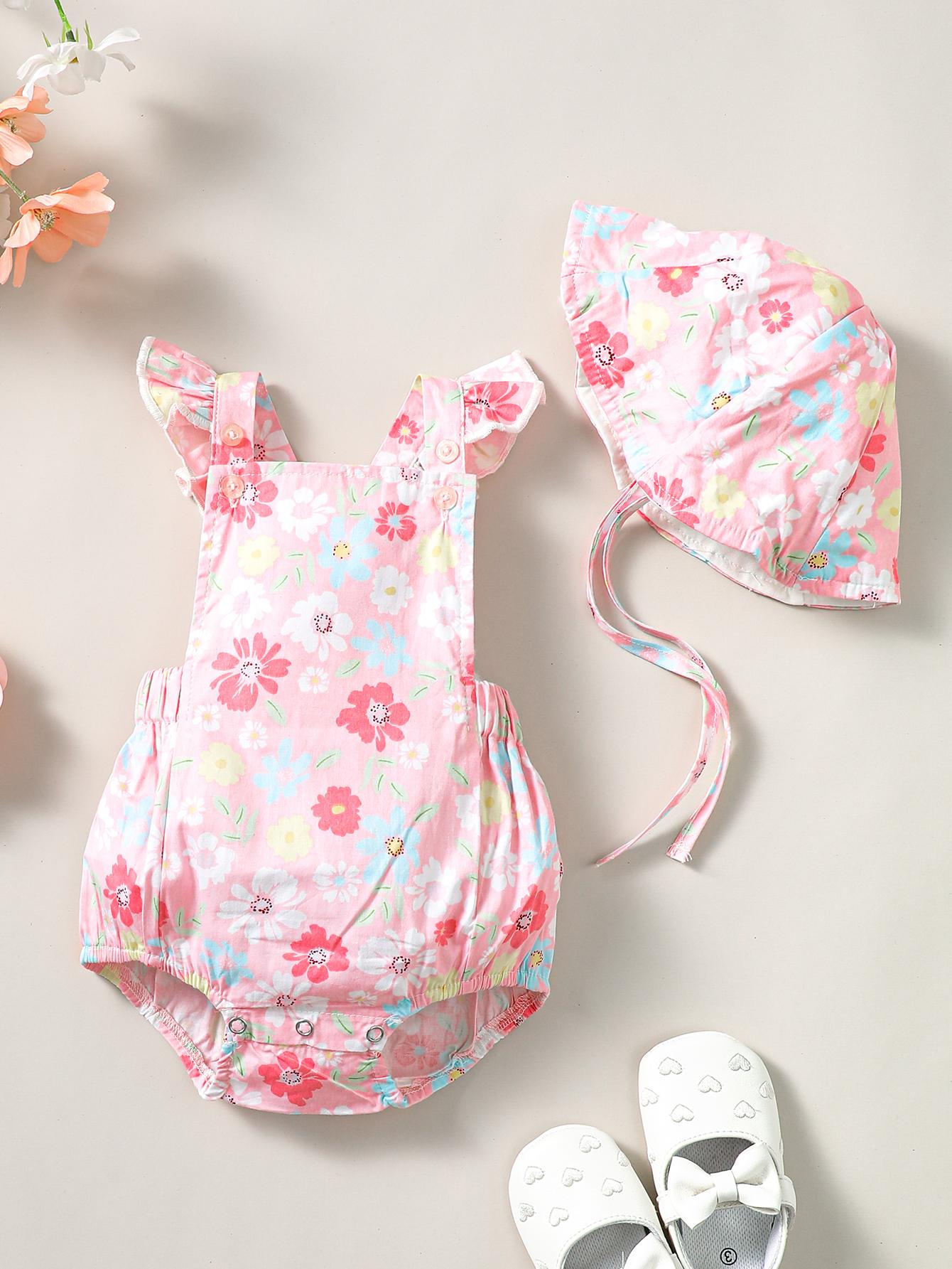 Kid Fashion Ready Stock Girls Clothes Summer Sleeveless Floral Print Romper With Hat 2Pcs Set ZX-ZB029