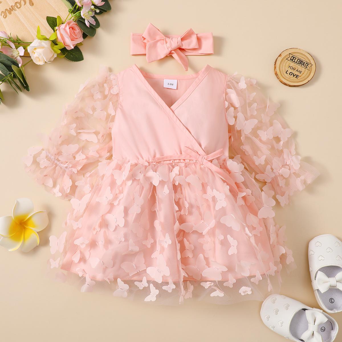 Baby  Girls Outfits Splice Gauze Dress +Headband 2Pcs Clothes Set,Pink 22105421