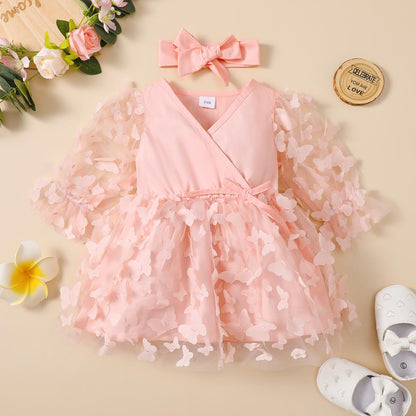 Baby  Girls Outfits Splice Gauze Dress +Headband 2Pcs Clothes Set,Pink 22105421