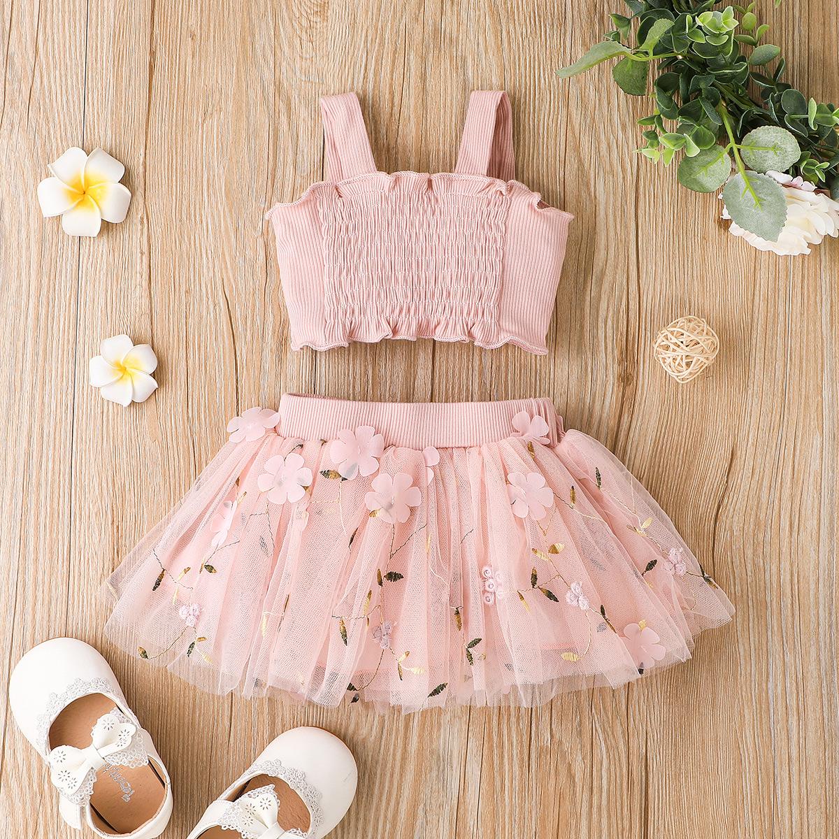 Baby Girls Outfits Straps Bow Tops For Summer Gauze Skirts 2Pcs Clothes Set Pink HE22325A
