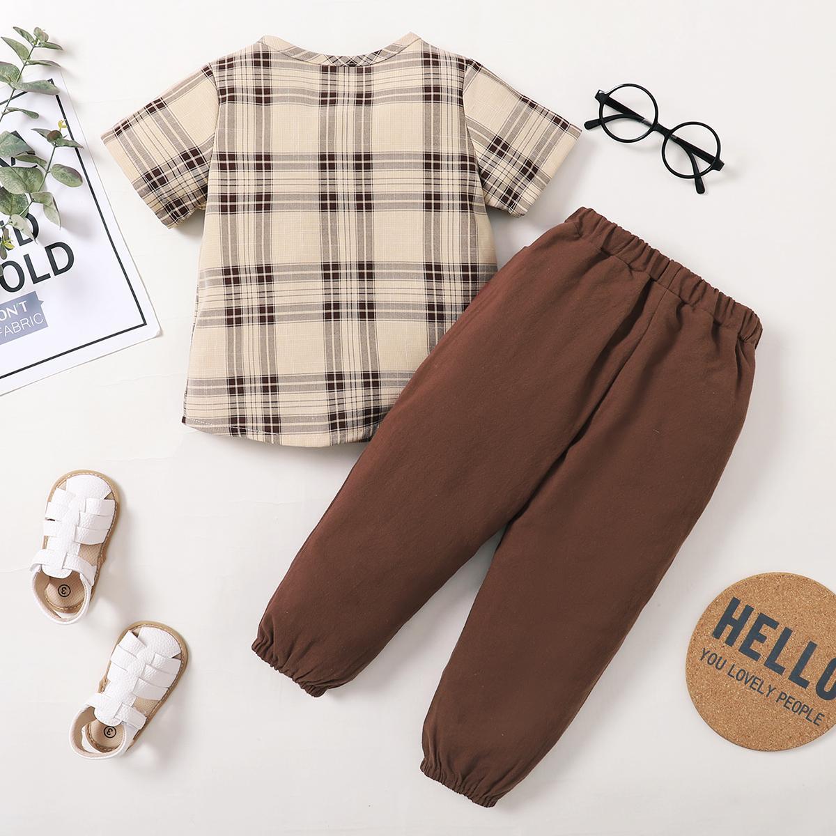 Baby Boys Clothes Plaid Print Shirts Pants 2PCS Brown 222204308