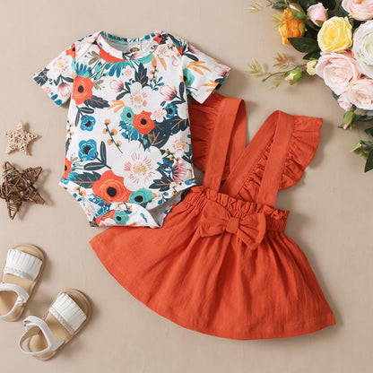 Kids fashion Girls Clothes Flower Print Short Sleeve  Bodysuits Bow Straps Suspender Skirts 2Pcs Outfits Orange 22104306