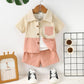 Kid Fashion Ready Stock Boys Summer Outfits Turn-down Collar Pocket Splice Shirt Elastic Shorts 2Pcs Clothes Set Blue 112211057