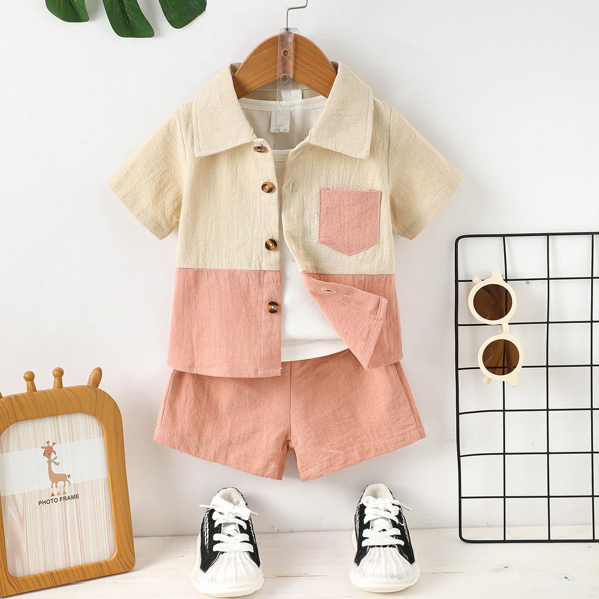Kid Fashion Ready Stock Boys Summer Outfits Turn-down Collar Pocket Splice Shirt Elastic Shorts 2Pcs Clothes Set Blue 112211057