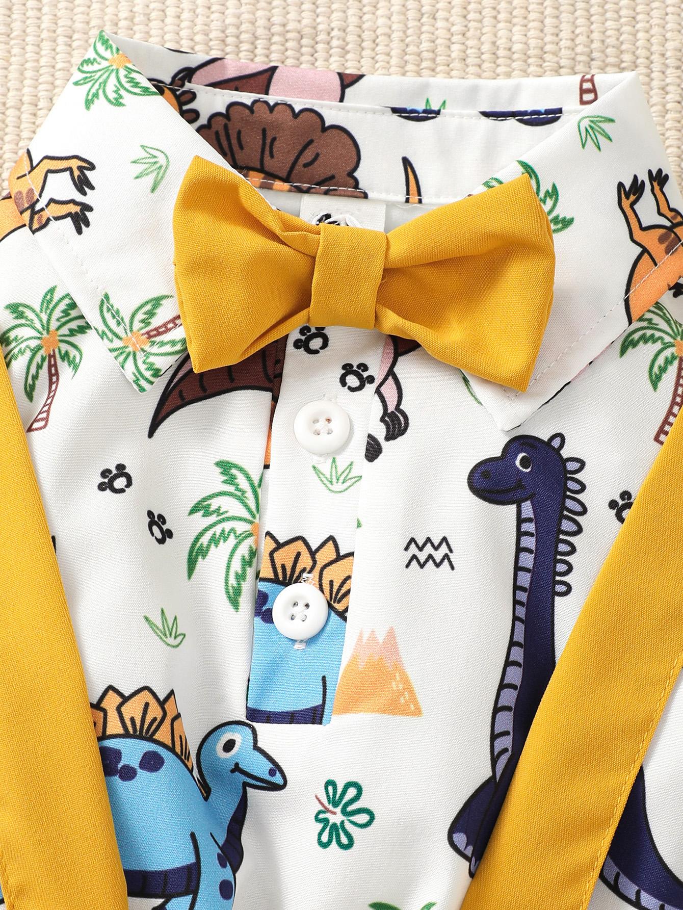 Kid Fashion Ready Stock Boys Clothes OOTD Dinosaur Bow Tie Turn-down Collar Shirt Straps Suspender Shorts 2PCS Outfits Yellow YCS112210452