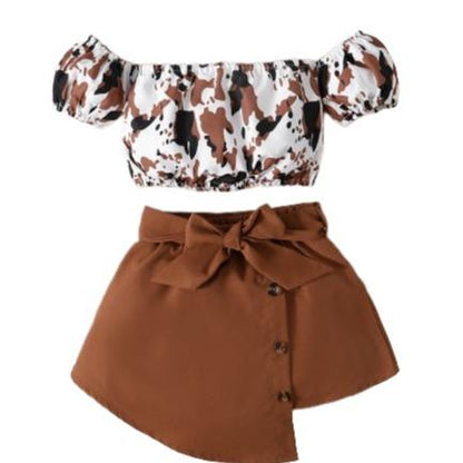 Kids Fashion Ready Stock Girls Outfits Off The Shoulder Camouflage Print Tops Irregular Skirts Brown 122110018