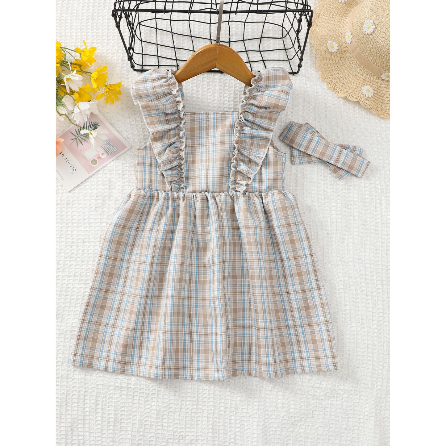 Baby Girls Clothes Plaid Print Sleeveless Summer Dress With Headband 2Pcs OOTD Apricot 622120003