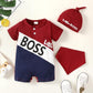 KID FASHION Baby Boys Clothes "little BOSS" Splice Summer Romper With Hat 2Pcs Romper Set 122205013
