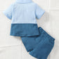 Kid Fashion Ready Stock Boys Summer Outfits Turn-down Collar Pocket Splice Shirt Elastic Shorts 2Pcs Clothes Set Blue 112211057