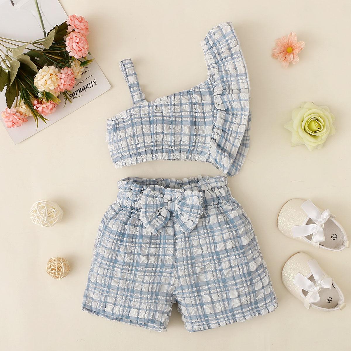Kids fashion Girls Summer Clothes One Shoulder Plaid Elastic Shorts 2Pcs Outfits Blue 122203457