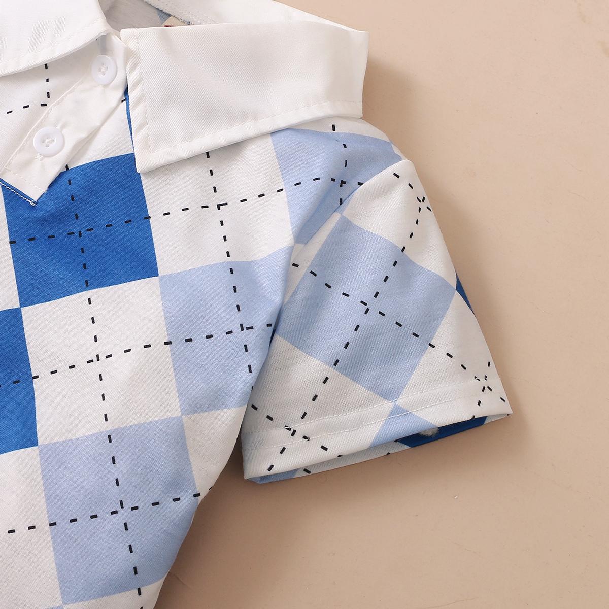 Ready Stock Kids fashion Boys Clothes Boys OOTD Diamond Pattern Turn-down Collar Short Sleeve Elastic Shorts 2Pcs Summer Set Blue 12110601