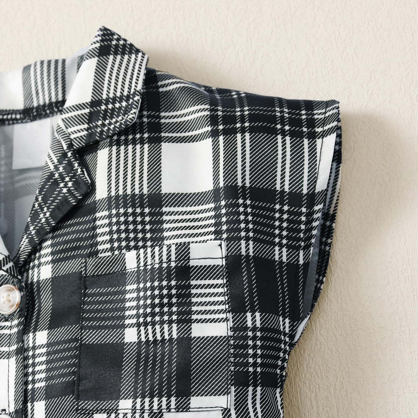 Kids fashion Girls Outfits Girls OOTD Plaid Turn-down Collar Pocket Sleeveless Shirt Shorts 2Pcs Clothes Set For Summer Black 122204304