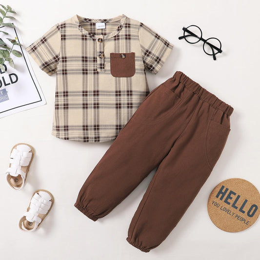 Baby Boys Clothes Plaid Print Shirts Pants 2PCS Brown 222204308