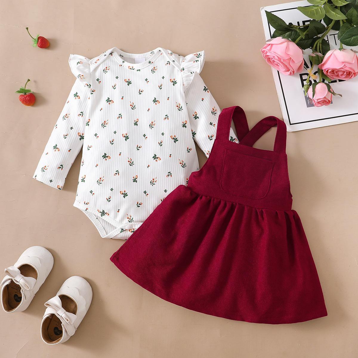 Baby Outfits For Baby Girls Small Flower Spring Long Sleeve Romper Fall Straps Suspender Skirts 2Pcs Clothes Set White GF122207003