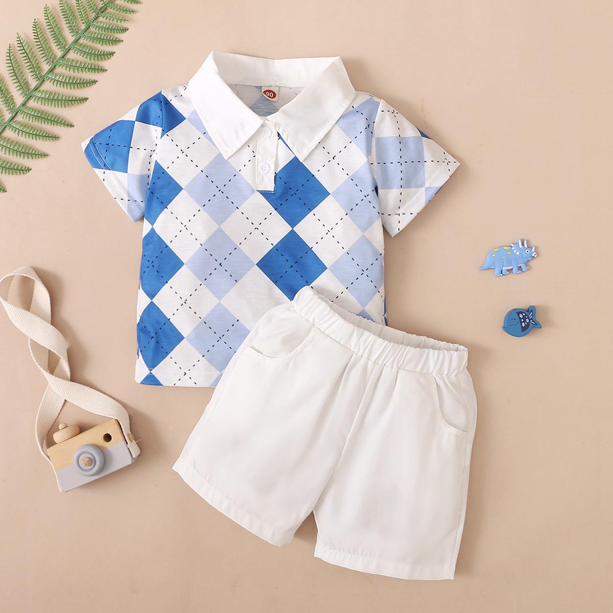 Ready Stock Kids fashion Boys Clothes Boys OOTD Diamond Pattern Turn-down Collar Short Sleeve Elastic Shorts 2Pcs Summer Set Blue 12110601