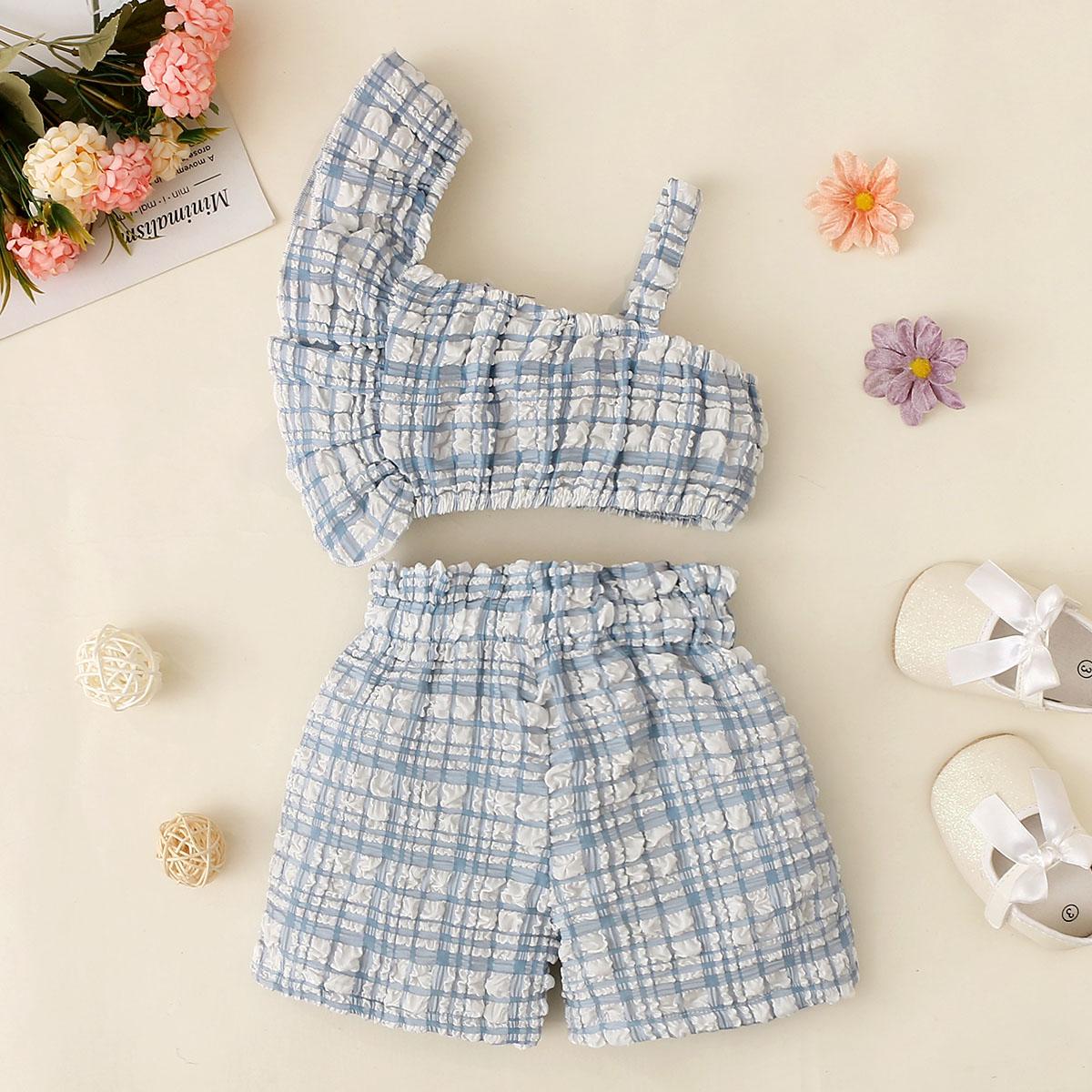 Kids fashion Girls Summer Clothes One Shoulder Plaid Elastic Shorts 2Pcs Outfits Blue 122203457