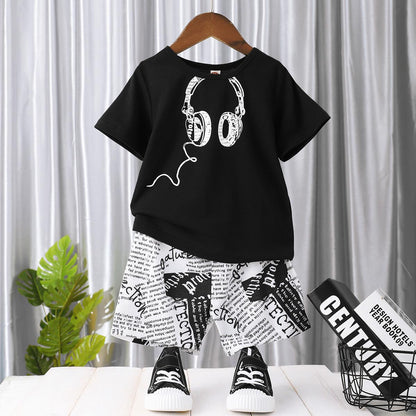 Baby Boys Clothes Headphone Summer Shirts Letter Shorts 2Pcs Outfits Black F112112001