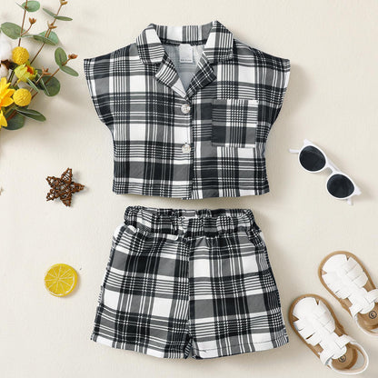 Kids fashion Girls Outfits Girls OOTD Plaid Turn-down Collar Pocket Sleeveless Shirt Shorts 2Pcs Clothes Set For Summer Black 122204304