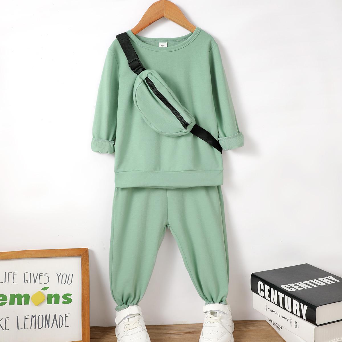 Kids fashion Boys Outfits Solid Color Long Sleeve Pants 2Pcs Clothes Set Green 112206301
