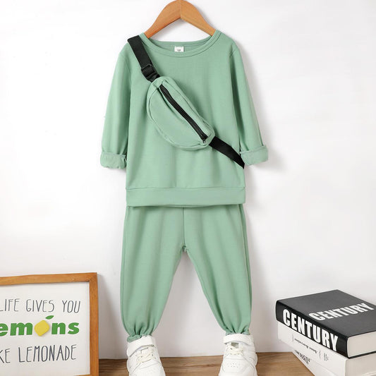 Kids fashion Boys Outfits Solid Color Long Sleeve Pants 2Pcs Clothes Set Green 112206301