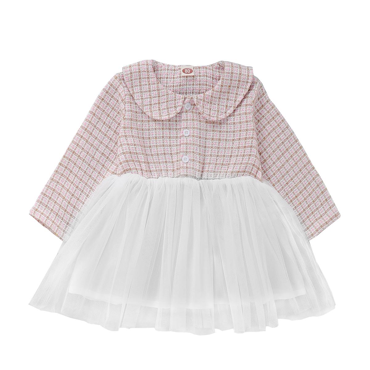 Newborn Baby Girl Clothes Baby Girl Dress Lapel Long Sleeve Dress Plaid Dress Baby Girl Tulle Dress Pink WL20081385