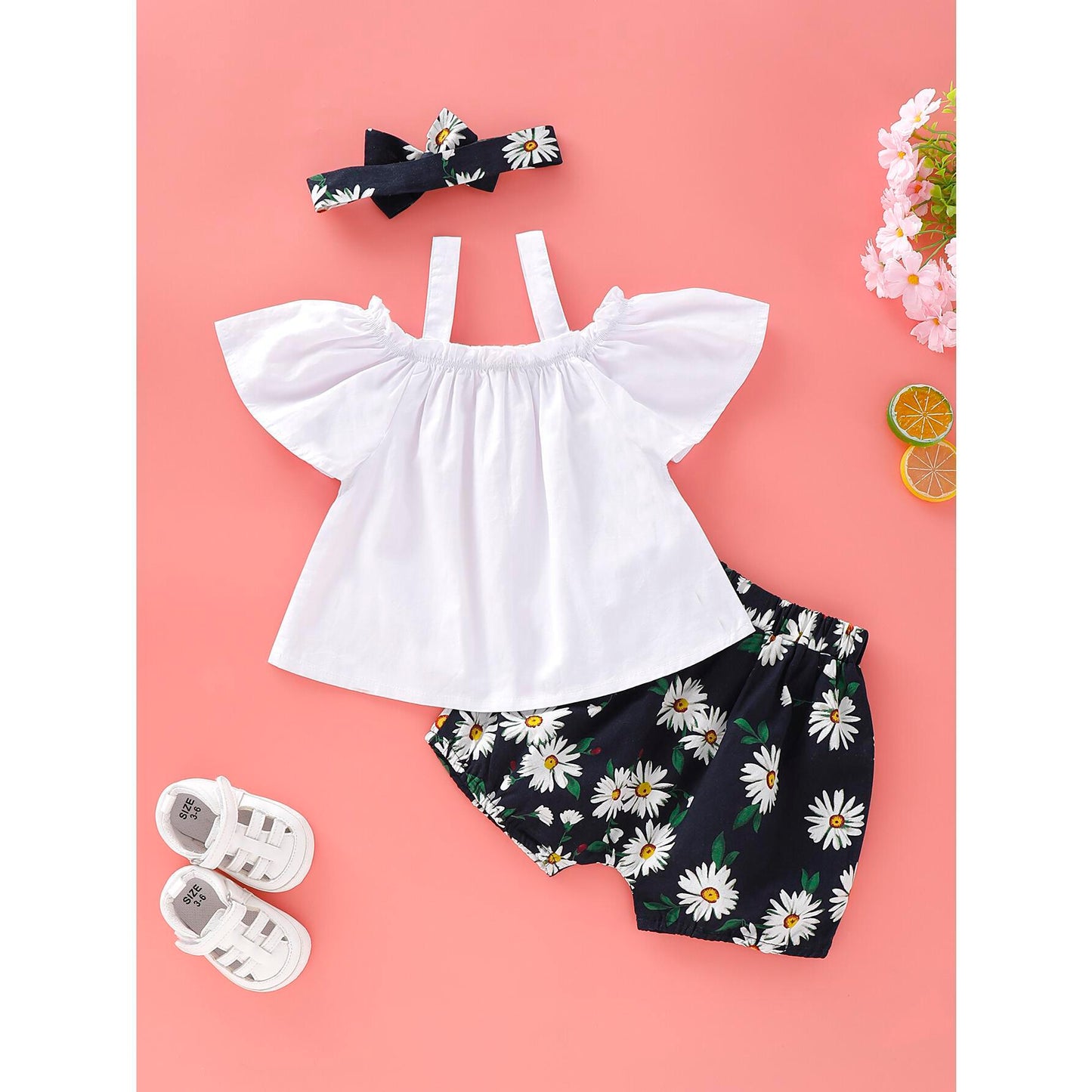 kid fashion Girl Clothes Summer Outfits Ruffle Sleeve Strap Shirt Tops Floral Shorts Headband Set White 193888