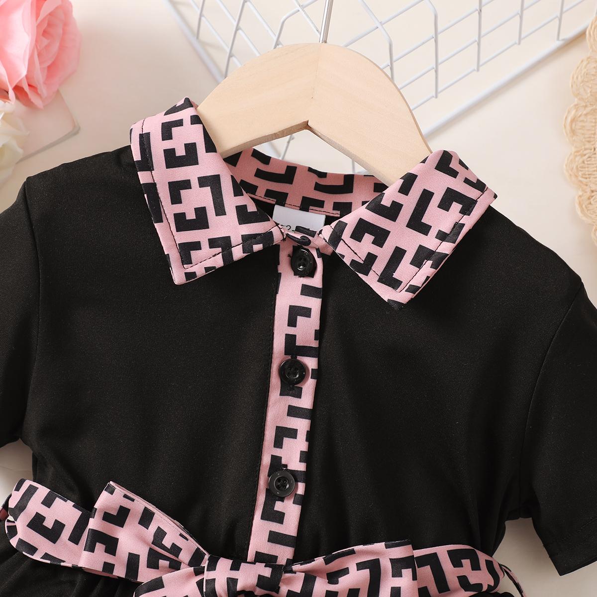 Ready Stock Kids Fashion Girls Dress Turn-down Collar Fashion Pattern Summer Dress Elastic Bow One Piece Party Dress Black 122212308