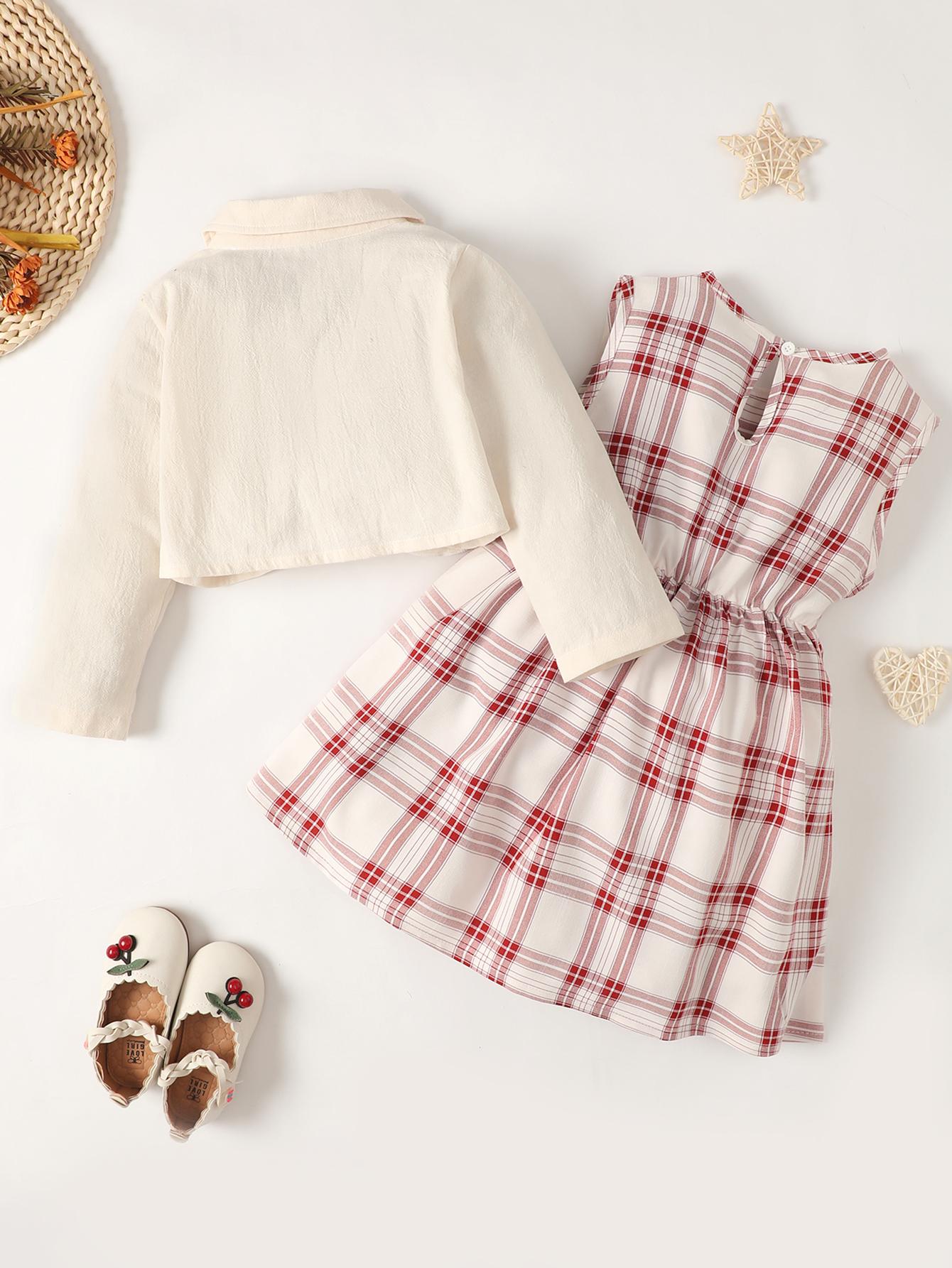 Outfits For Baby Girls Turn-down Collar Coat Plaid Sleeveless Dress 2Pcs Clothes Set 222206312-3
