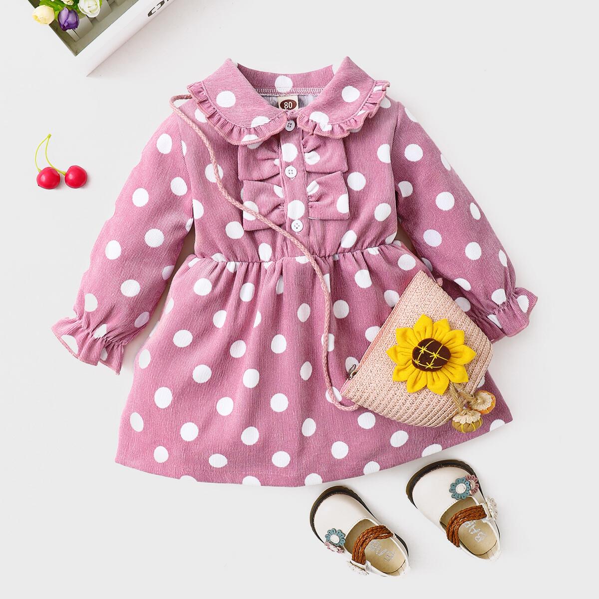 Newborn Baby Girl Clothes Baby Girl Dress Ruffle Collar Long Sleeve Polka Dots Dress Infant Baby Girl Fall Winter Dress Pink 22010020