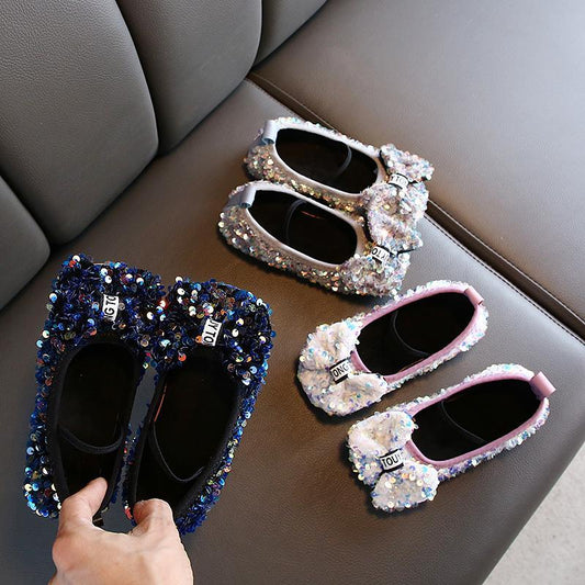 Baby Girls Shoes Korean Version Ff Flat-bottomed Bow Sequined Soft-soled Princess Shoes 9999