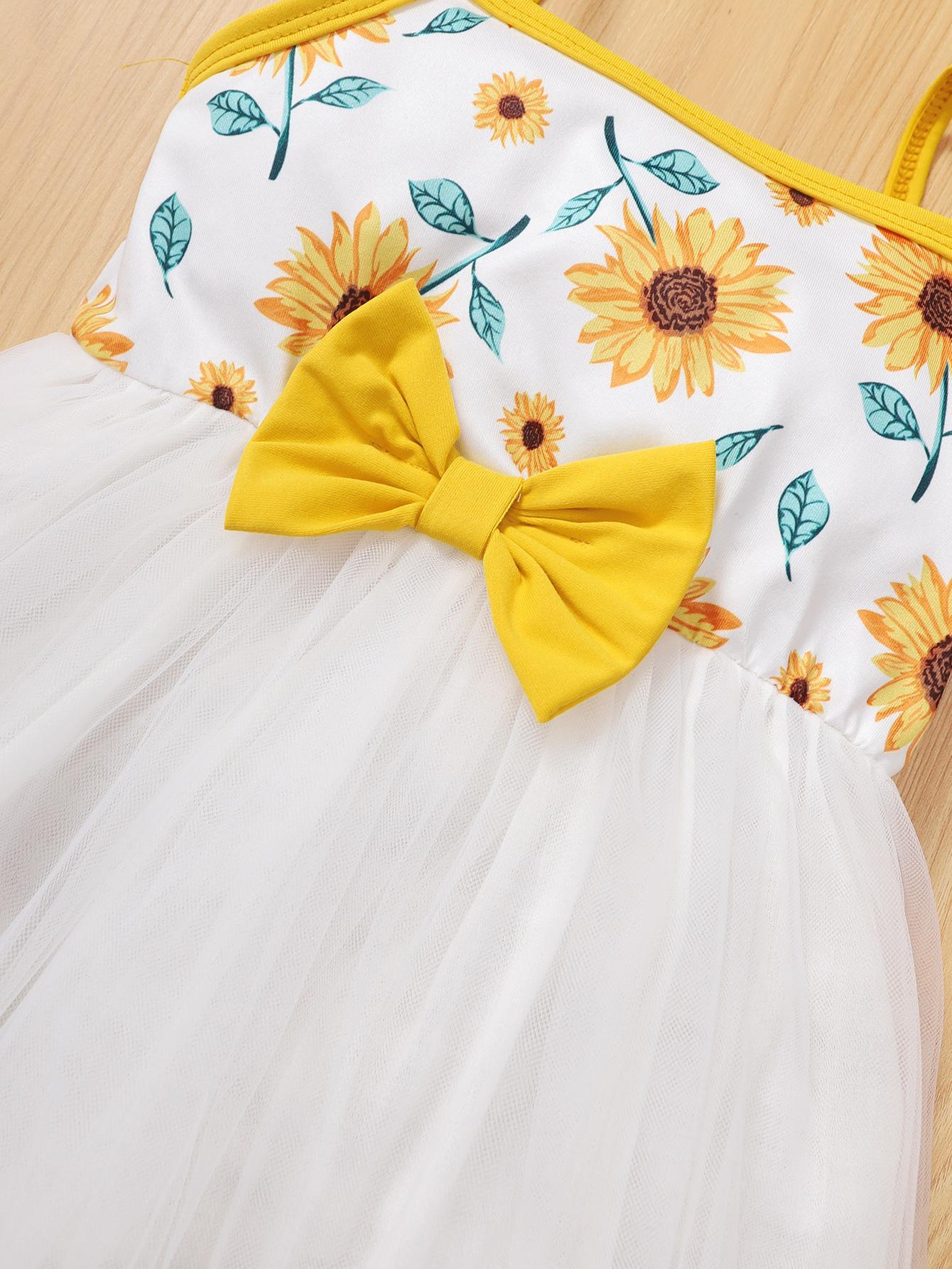 Kids Fashion Girls Dress Straps Sunflower Bow Splice Gauze One Piece Dress White F222112151