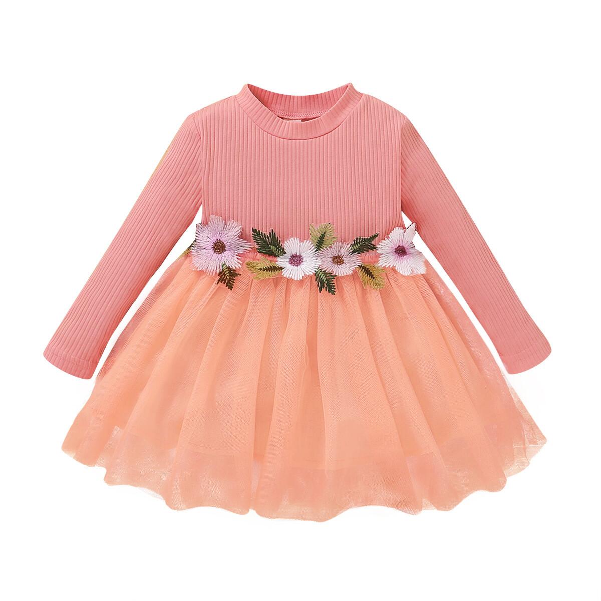 Newborn Baby Girl Fall Clothes Baby Girl Dress Long Sleeve Floral Dress Rib Dress Baby Girl Tulle Dress Party Dress Pink WL2003373-1
