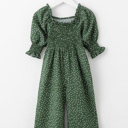 Jumpsuit For Baby Girls Bubble Sleeve Wave Point One Piece Green Little Girls ZX-221Y057