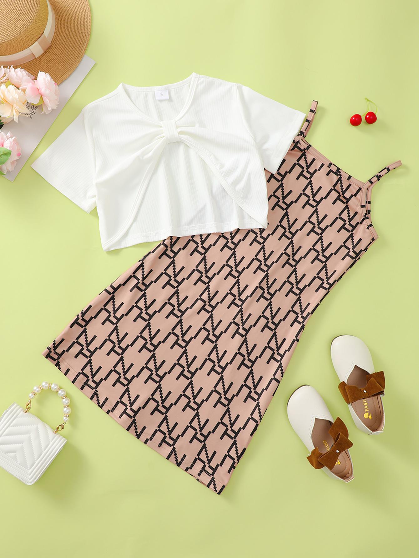 Kid Fashion Ready Stock Girls Clothes Solid Short Sleeve Crops Tops Fashion Pattern Straps Summer Dress 2Pcs OOTD White J212212302