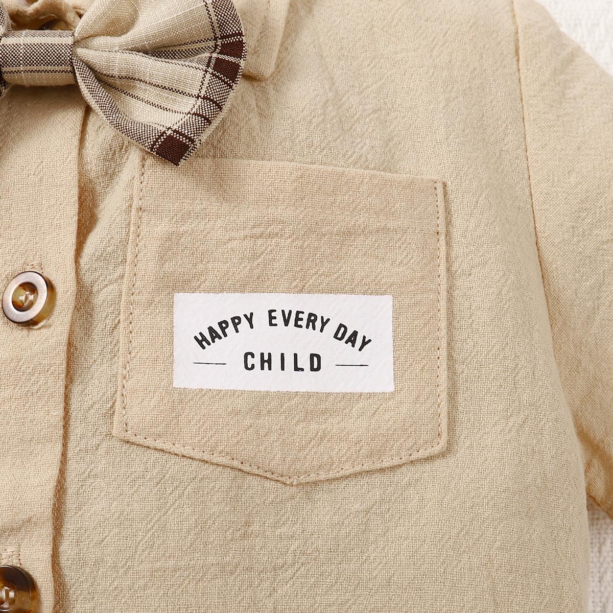 Ready Stock Baby Boys Clothes Bow Tie Turn-down Collar Pocket Shirts Elastic Plaid Shorts 2Pcs Summer Gentle Outfits Apricot 222212307