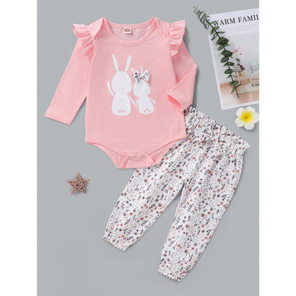 Kid fashion Girl Clothes Girl Outfits Ruffle Long Sleeve Romper Top Floral Pants 2PCS Clothing Set Pink WL20081301