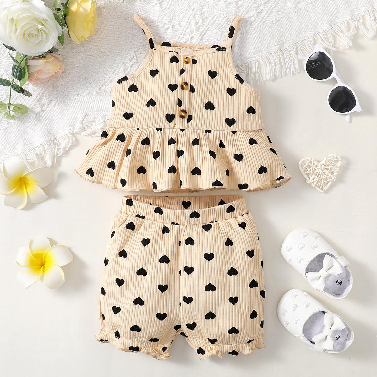 Kids fashion Girls Outfits Summer Straps Heart Print Tops Shorts 2Pcs OOTD Apricot 12110056