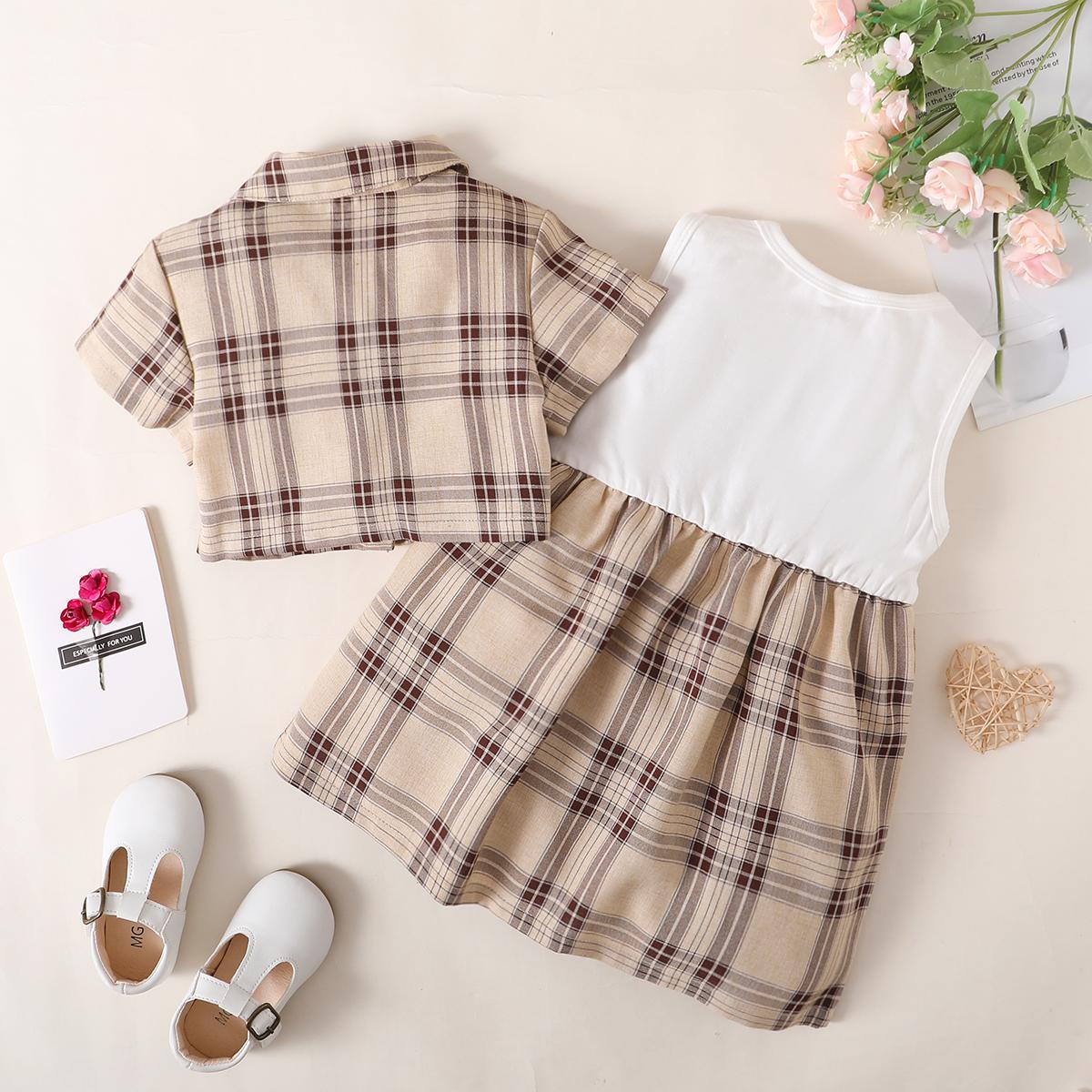 Baby Girls Clothes Baby OOTD Plaid Polo Shirts Dress 2PCS Brown 222211301