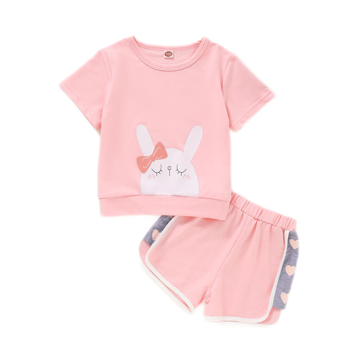 Toddler Baby Girl Clothes Baby Girls Summer Outfits Girls Short Sleeve Cute Rabbits Print Top Shorts Set Pink WL2005796