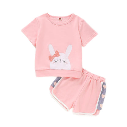 Toddler Baby Girl Clothes Baby Girls Summer Outfits Girls Short Sleeve Cute Rabbits Print Top Shorts Set Pink WL2005796