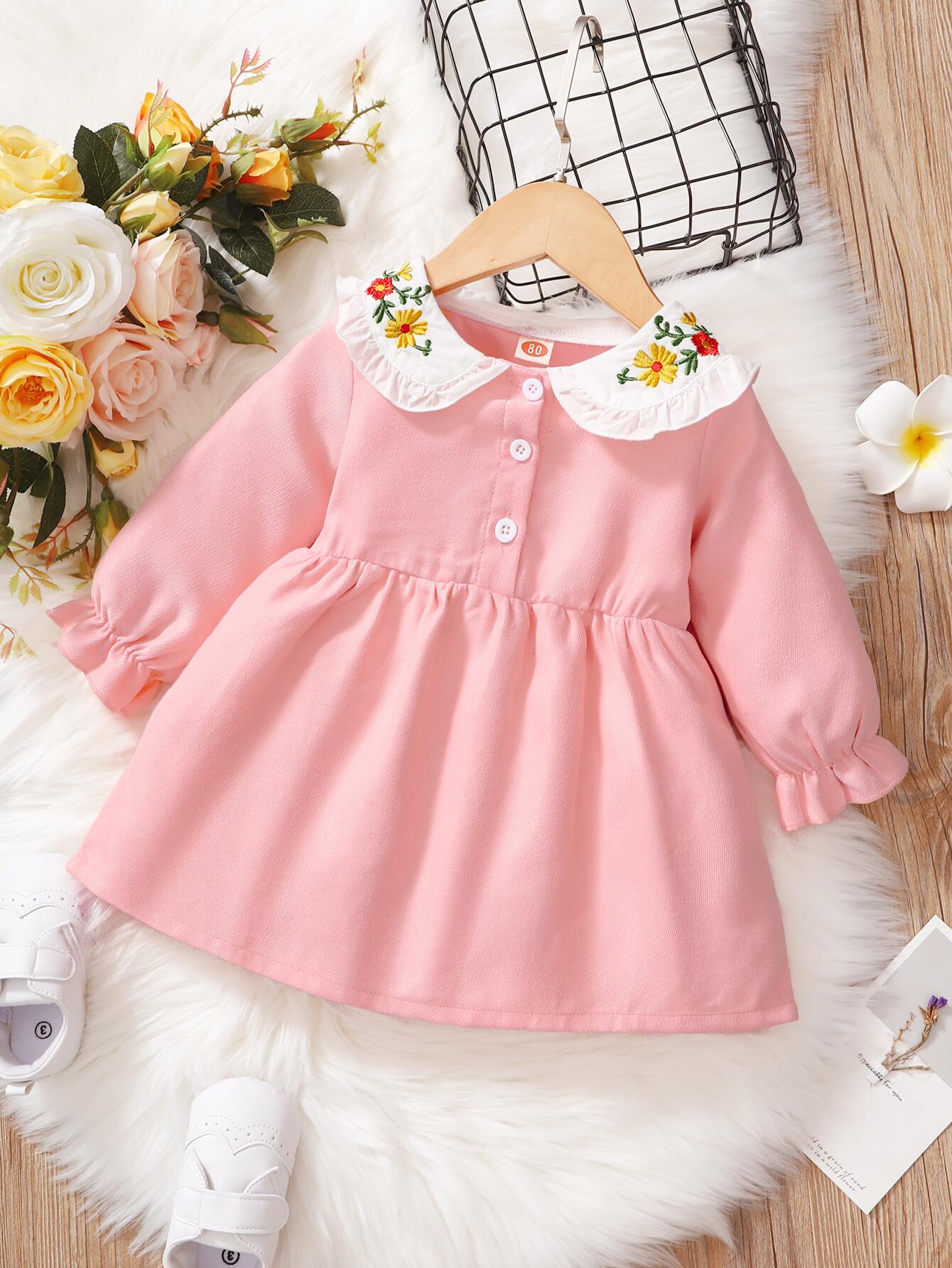 kid fashion Girl Clothes Girl Dress Long Sleeve Dress Ruffle Embroidered Floral Collar Dress  Fall Dress Pink 22009660-1