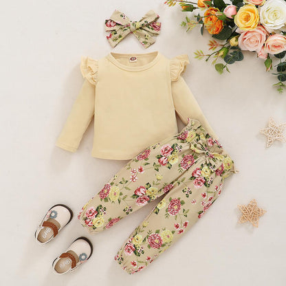 Baby Girls Clothes Long Sleeve T-Shirt Floral Pants Headband Apricot 3PCS WL20091497
