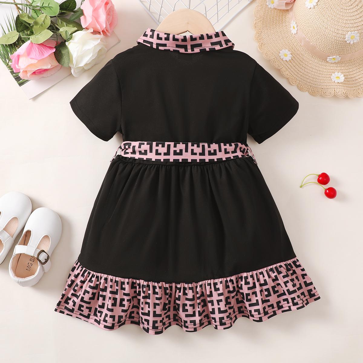 Ready Stock Kids Fashion Girls Dress Turn-down Collar Fashion Pattern Summer Dress Elastic Bow One Piece Party Dress Black 122212308