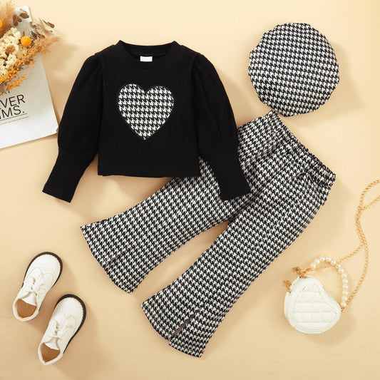 Baby Girls Outfits  Heart Houndstooth Long Sleeve Pants 2Pcs Clothes Set Black 122208604