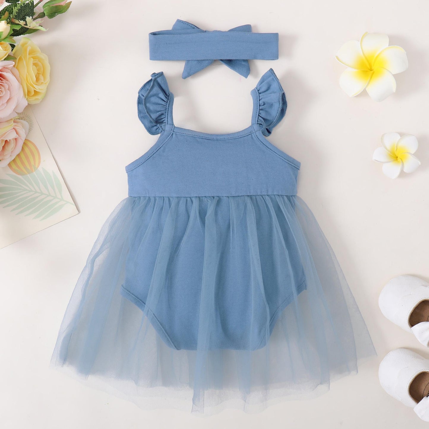 Baby Girls Outfits Straps Pure Color Gauze Romper Dress With Headband 2Pcs Clothes Set 222203159