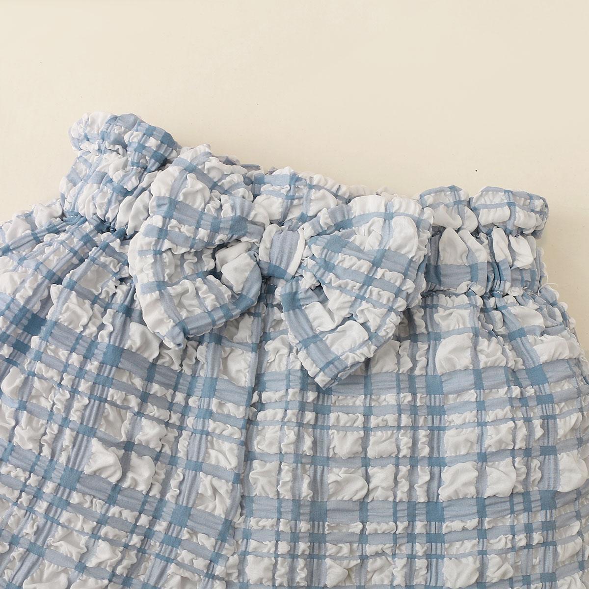Kids fashion Girls Summer Clothes One Shoulder Plaid Elastic Shorts 2Pcs Outfits Blue 122203457