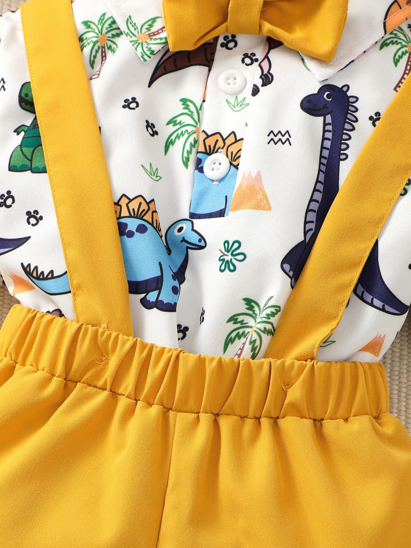 Kid Fashion Ready Stock Boys Clothes OOTD Dinosaur Bow Tie Turn-down Collar Shirt Straps Suspender Shorts 2PCS Outfits Yellow YCS112210452