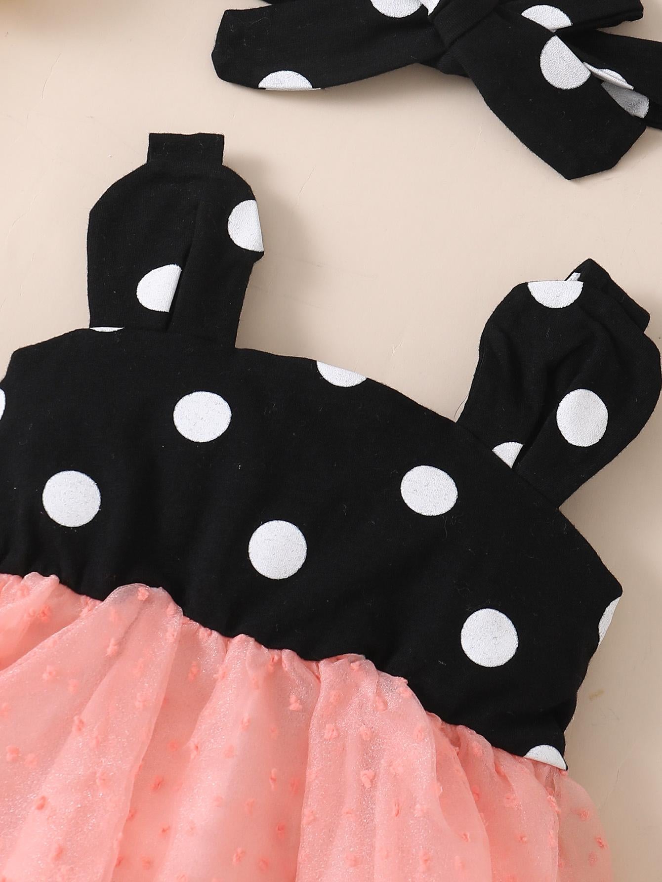 Baby Girls Dress Wave Point Splice Gauze Straps Dress With Headband Pink SH-323