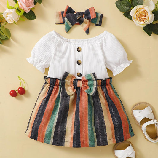 Kids fashion Girls Clothes Splice Summer Dress With Headband 2pcs set White 222204305